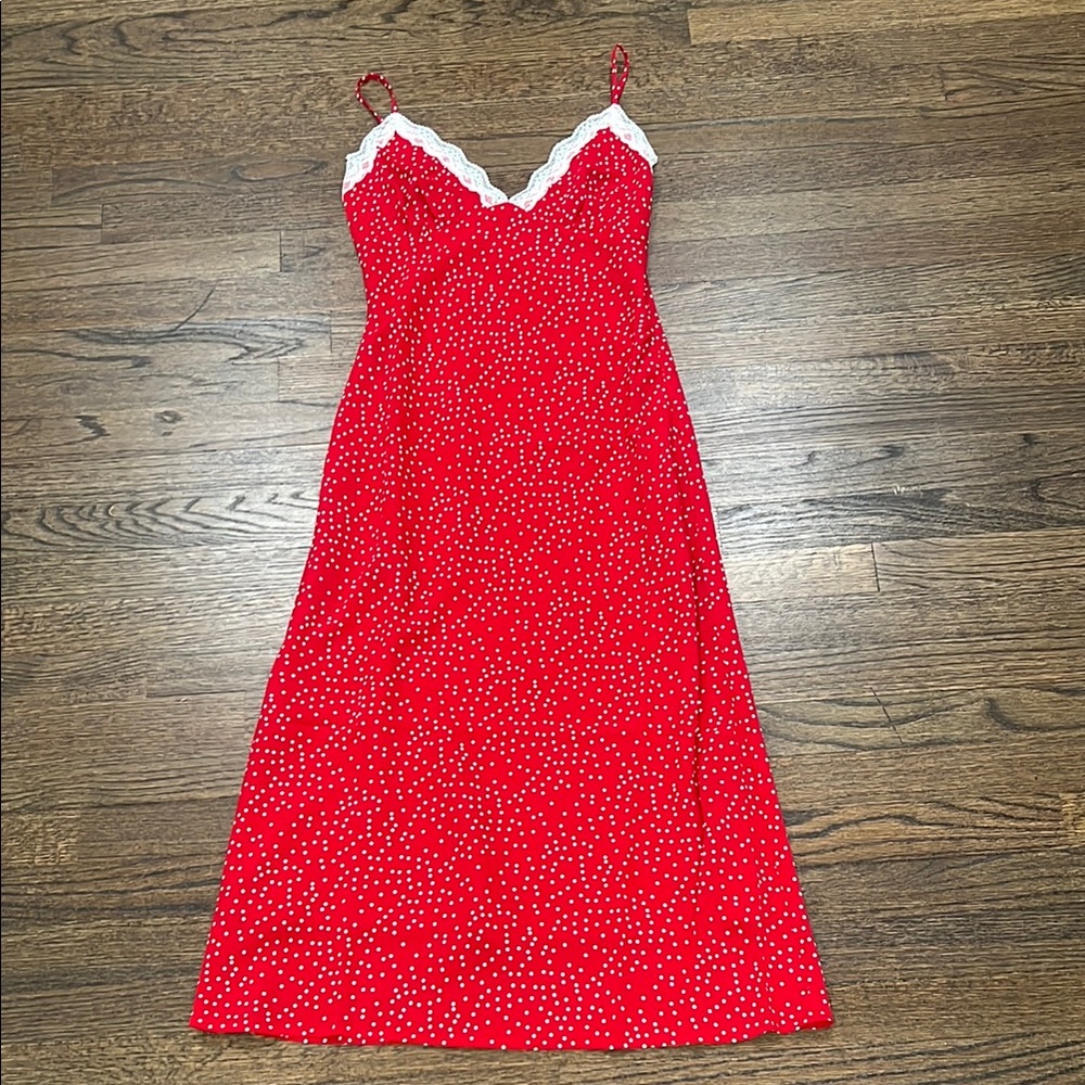 Vici Red Polka Dot Midi Dress with White Lace Trim